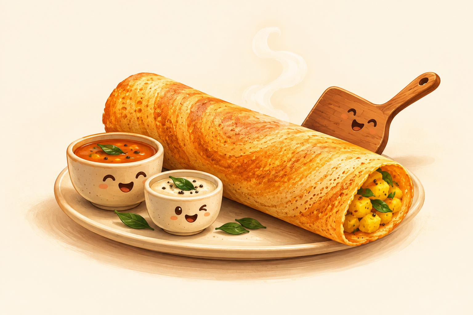 A golden dosa with two cheerful chutney cups and a playful wooden spatula